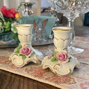 Porcelain Pink Rose Candle Holders - Elegant Floral Home Accent